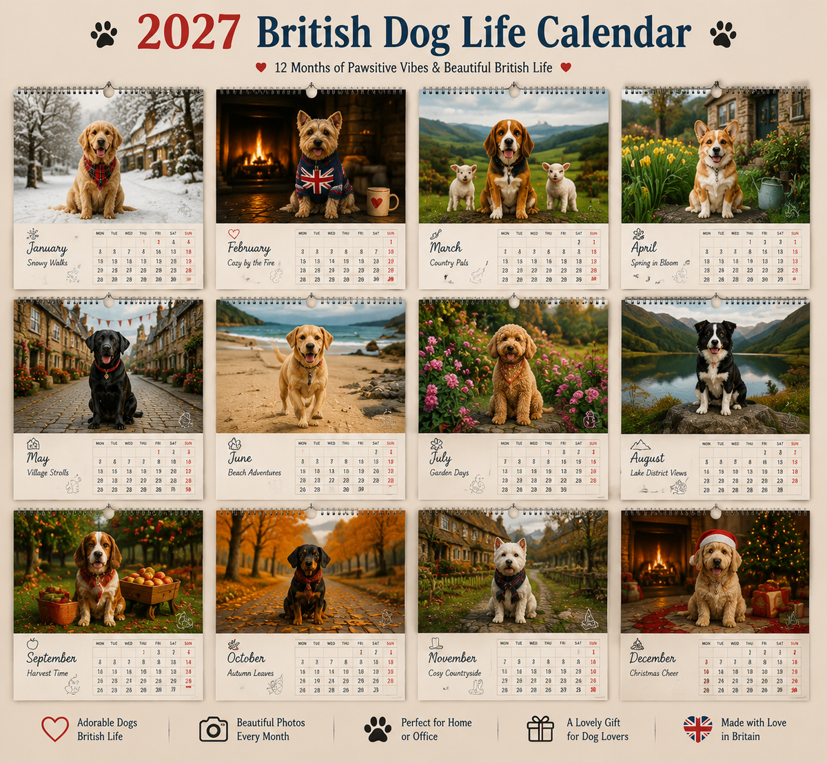 🐕 2027 British Dog Life Calendar – 12 Months of Adorable Dogs & Beautiful British Moments – Wall Calendar Gift for Dog Lovers 🐾