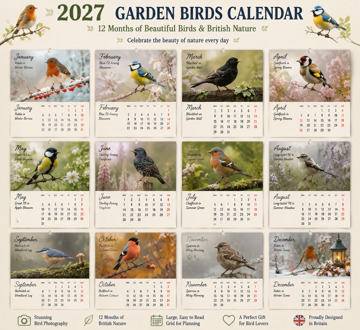 🐦 2027 Garden Birds Calendar – 12 Months of Beautiful British Birds & Nature Moments – Wall Calendar Gift for Bird Lovers 🌿