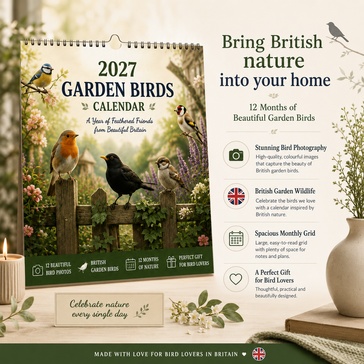 🐦 2027 Garden Birds Calendar – 12 Months of Beautiful British Birds & Nature Moments – Wall Calendar Gift for Bird Lovers 🌿