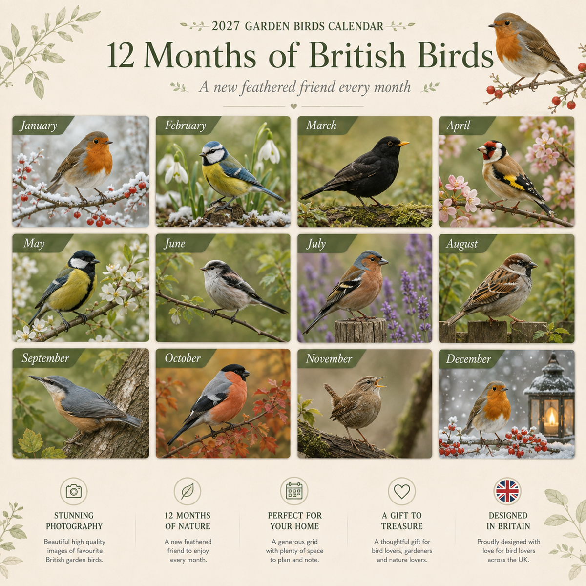 🐦 2027 Garden Birds Calendar – 12 Months of Beautiful British Birds & Nature Moments – Wall Calendar Gift for Bird Lovers 🌿