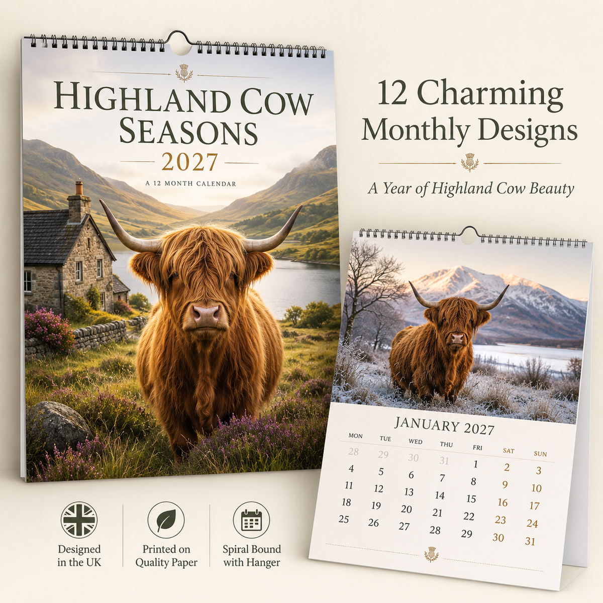 🐮 Highland Cow Seasons 2027 Wall Calendar – A Year of Scottish Countryside Beauty, 12 Stunning Highland Cow Moments & Rustic Farmhouse Decor Gift