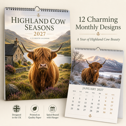 🐮 Highland Cow Seasons 2027 Wall Calendar – A Year of Scottish Countryside Beauty, 12 Stunning Highland Cow Moments & Rustic Farmhouse Decor Gift
