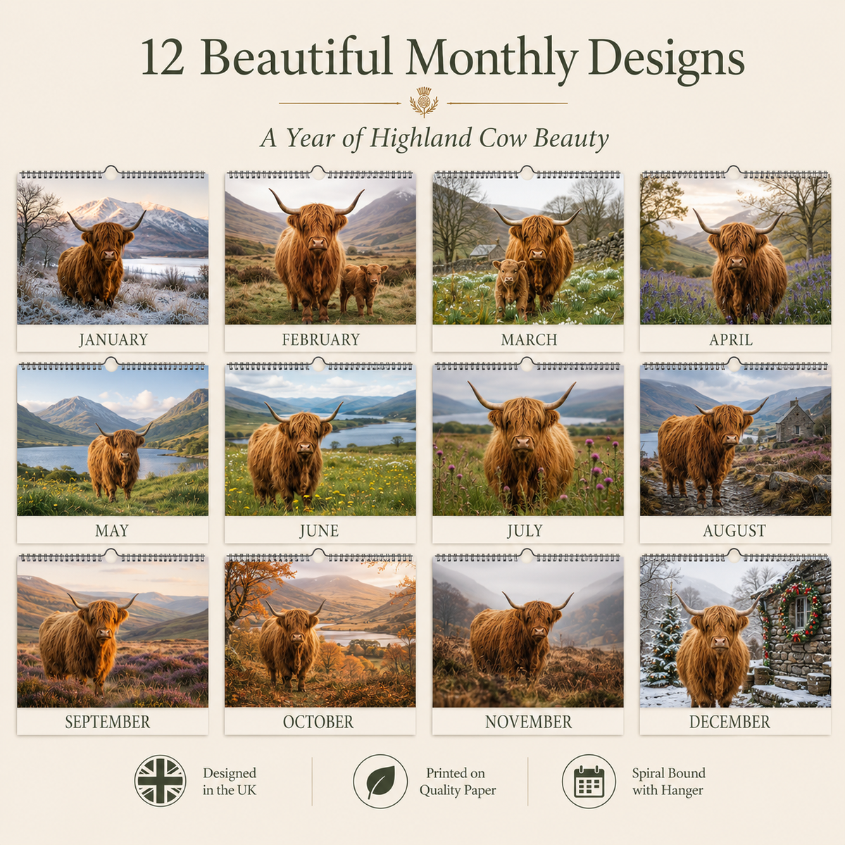 🐮 Highland Cow Seasons 2027 Wall Calendar – A Year of Scottish Countryside Beauty, 12 Stunning Highland Cow Moments & Rustic Farmhouse Decor Gift