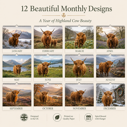 🐮 Highland Cow Seasons 2027 Wall Calendar – A Year of Scottish Countryside Beauty, 12 Stunning Highland Cow Moments & Rustic Farmhouse Decor Gift