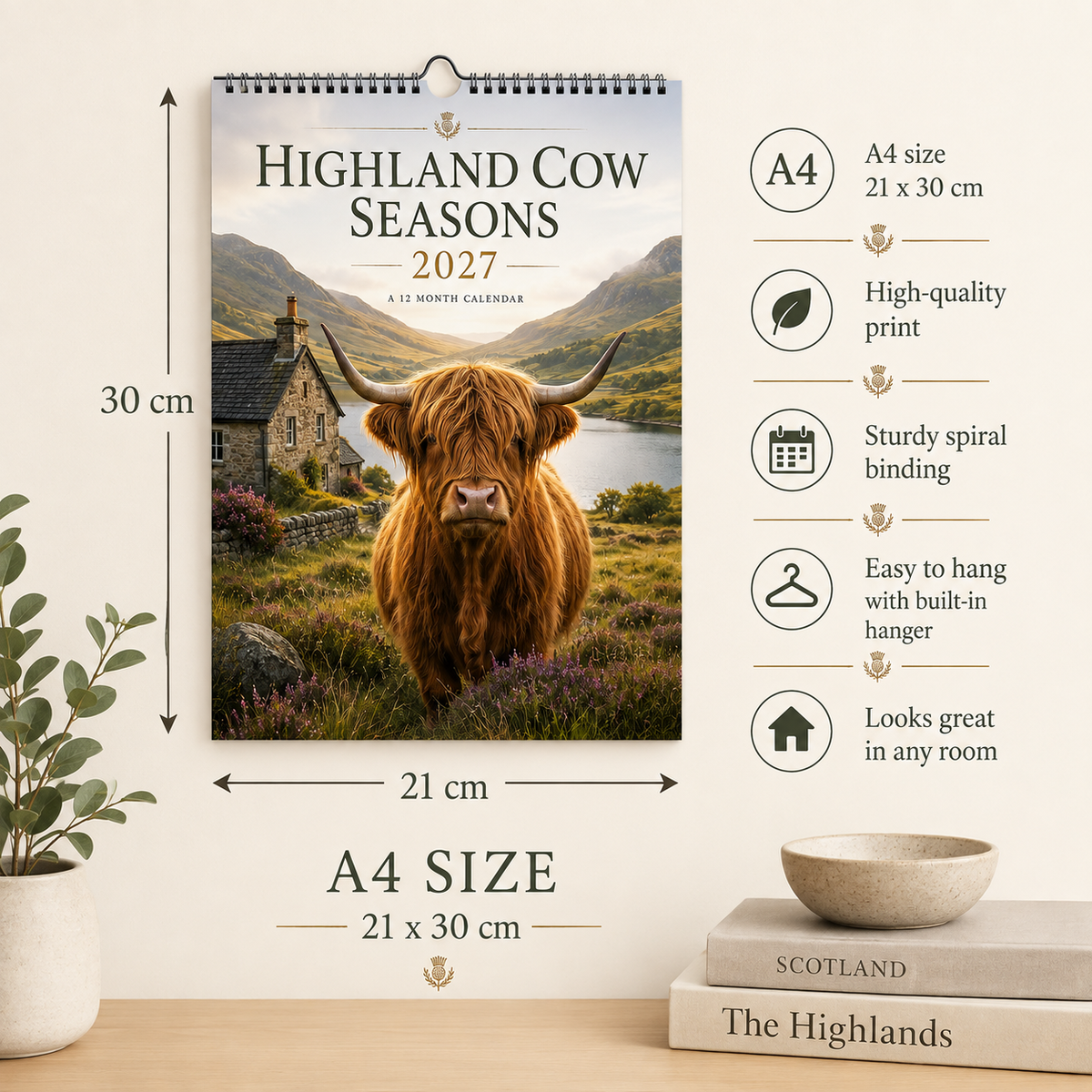 🐮 Highland Cow Seasons 2027 Wall Calendar – A Year of Scottish Countryside Beauty, 12 Stunning Highland Cow Moments & Rustic Farmhouse Decor Gift