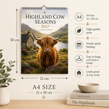 🐮 Highland Cow Seasons 2027 Wall Calendar – A Year of Scottish Countryside Beauty, 12 Stunning Highland Cow Moments & Rustic Farmhouse Decor Gift