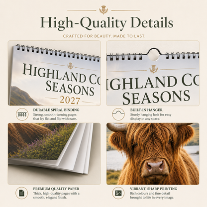 🐮 Highland Cow Seasons 2027 Wall Calendar – A Year of Scottish Countryside Beauty, 12 Stunning Highland Cow Moments & Rustic Farmhouse Decor Gift