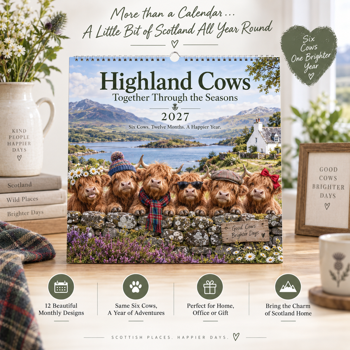 🐮 Highland Cows 2027 Wall Calendar – Six Charming Highland Cows Through The Seasons, Scottish Countryside Artwork, Cute Farmhouse Gift For Cow Lovers
