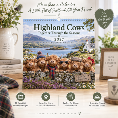 🐮 Highland Cows 2027 Wall Calendar – Six Charming Highland Cows Through The Seasons, Scottish Countryside Artwork, Cute Farmhouse Gift For Cow Lovers
