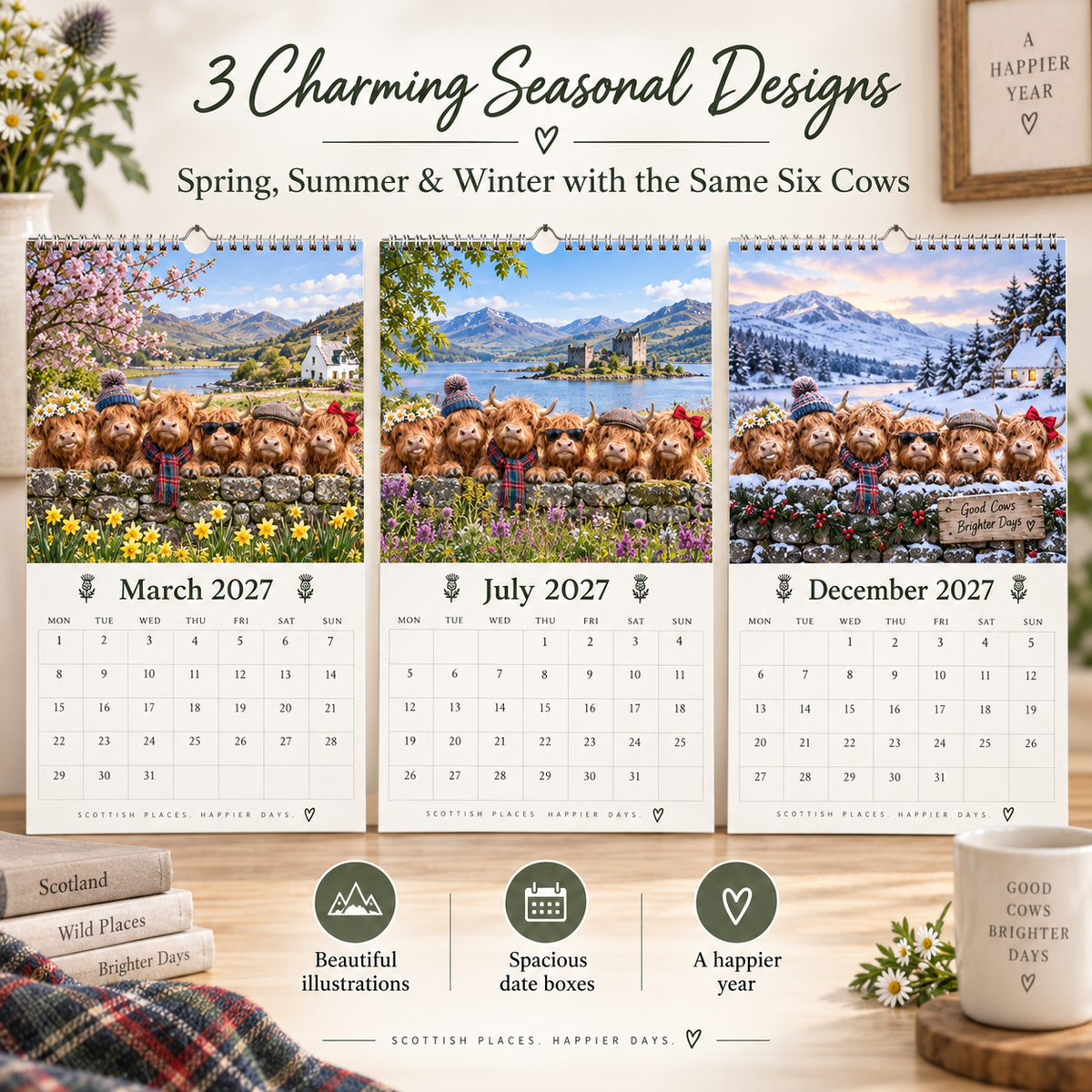 🐮 Highland Cows 2027 Wall Calendar – Six Charming Highland Cows Through The Seasons, Scottish Countryside Artwork, Cute Farmhouse Gift For Cow Lovers