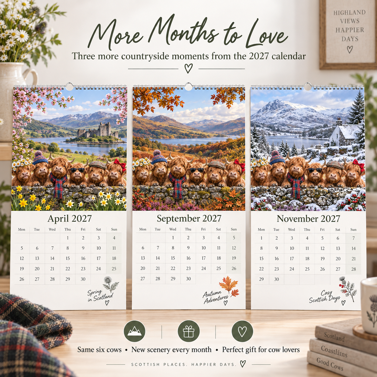 🐮 Highland Cows 2027 Wall Calendar – Six Charming Highland Cows Through The Seasons, Scottish Countryside Artwork, Cute Farmhouse Gift For Cow Lovers