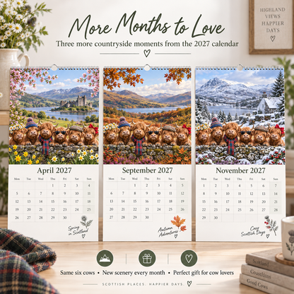 🐮 Highland Cows 2027 Wall Calendar – Six Charming Highland Cows Through The Seasons, Scottish Countryside Artwork, Cute Farmhouse Gift For Cow Lovers