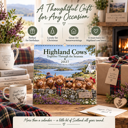 🐮 Highland Cows 2027 Wall Calendar – Six Charming Highland Cows Through The Seasons, Scottish Countryside Artwork, Cute Farmhouse Gift For Cow Lovers