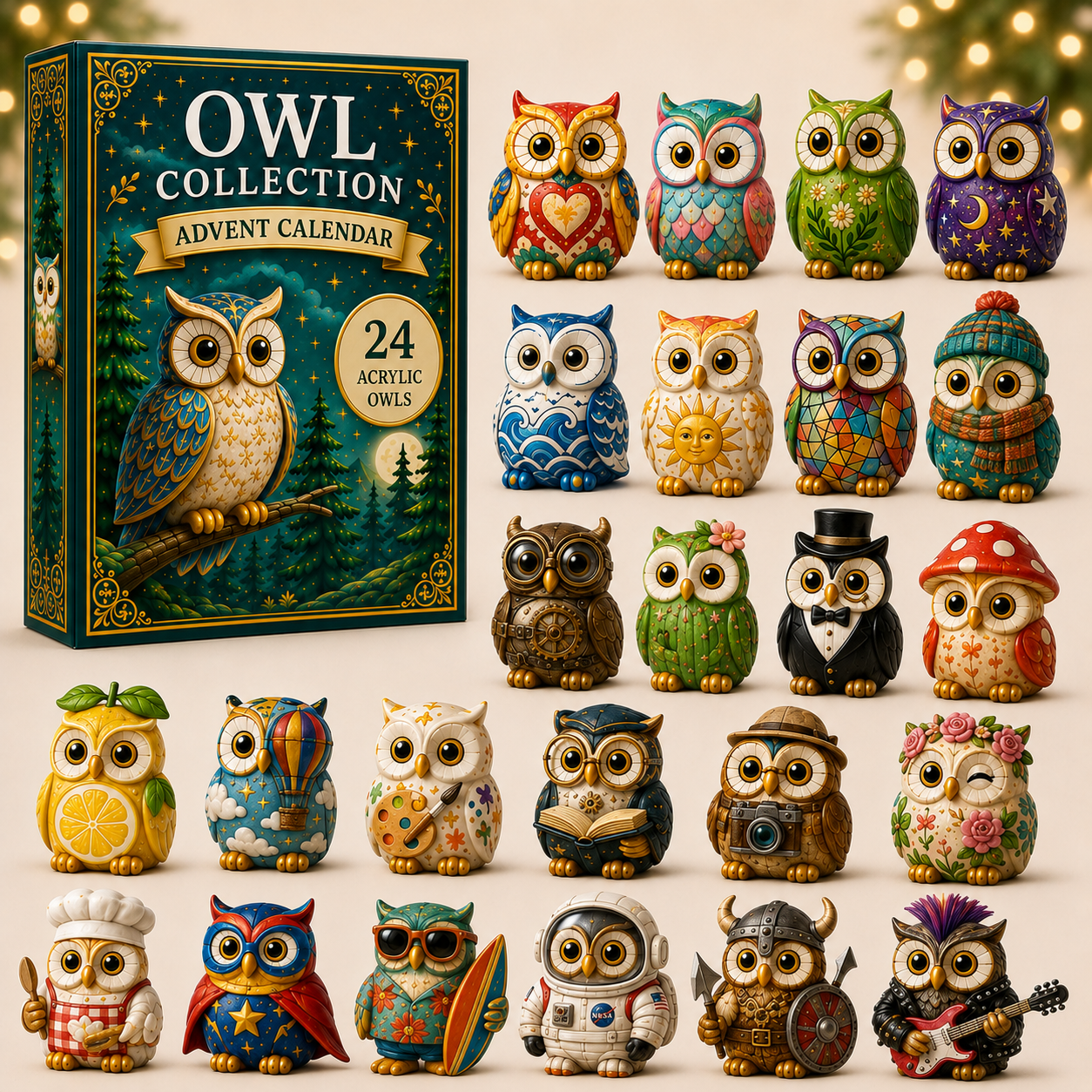 CHRISTMAS KICKOFF 49% OFF - Whimsical Owls Advent Calendar 2026 - 24-Day Festive Countdown, Acrylic Charms Blind Box - Gift For Animal Lovers