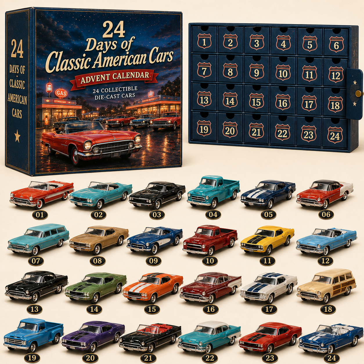 🏎️ 24 Days of Classic American Cars Advent Calendar – 24 Vintage Ride Collectibles for Car Lovers