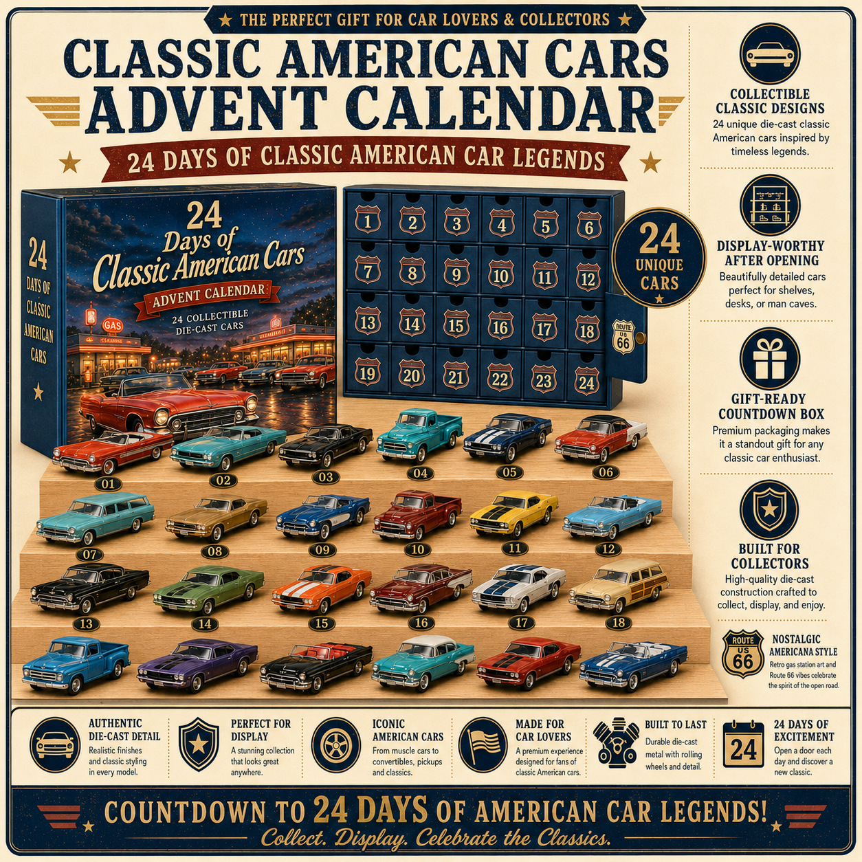 🏎️ 24 Days of Classic American Cars Advent Calendar – 24 Vintage Ride Collectibles for Car Lovers