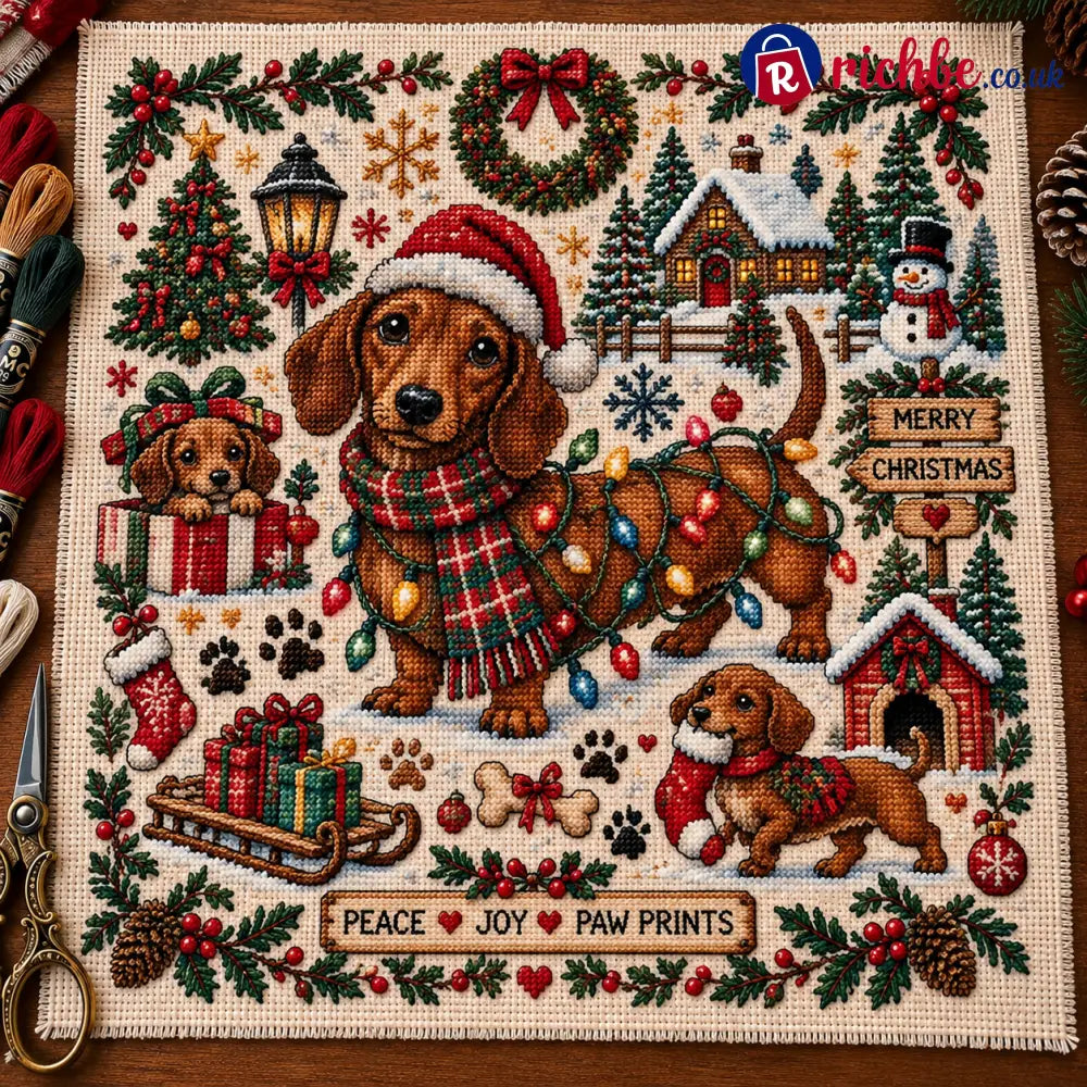 🎄 A Cozy Christmas – Animal Cross Stitch Kit - 🐶 Dachshund