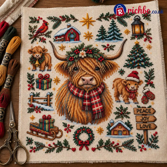 🎄 A Cozy Christmas – Animal Cross Stitch Kit - 🐮 Highland Cow
