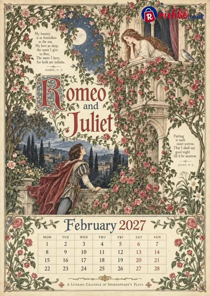 A Shakespearean Year 2027 – 12 Plays Through the Seasons | Vintage Illustrated Wall Calendar