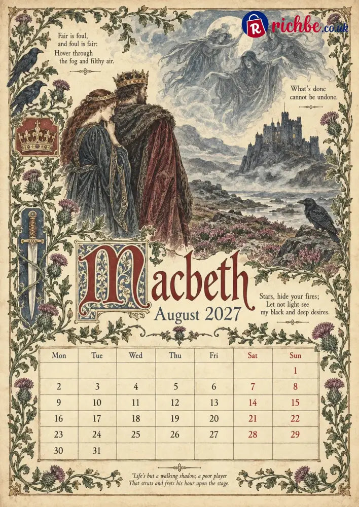 A Shakespearean Year 2027 – 12 Plays Through the Seasons | Vintage Illustrated Wall Calendar