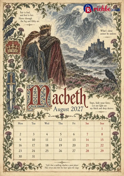 A Shakespearean Year 2027 – 12 Plays Through the Seasons | Vintage Illustrated Wall Calendar