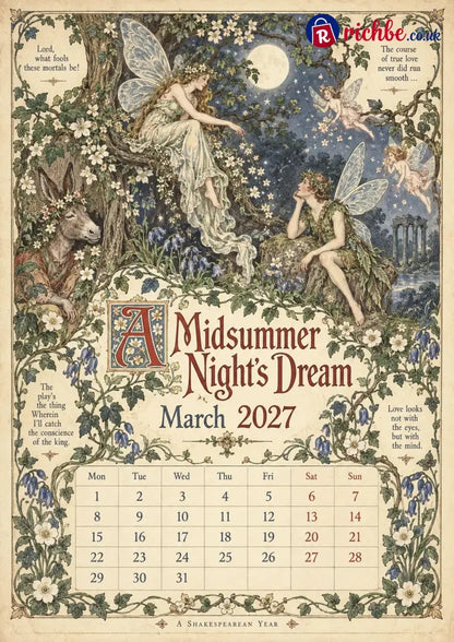 A Shakespearean Year 2027 – 12 Plays Through the Seasons | Vintage Illustrated Wall Calendar