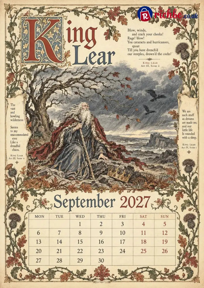 A Shakespearean Year 2027 – 12 Plays Through the Seasons | Vintage Illustrated Wall Calendar