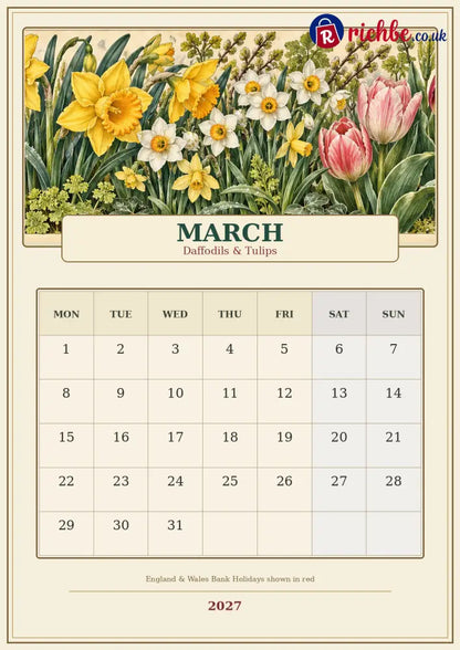 A Year in British Blooms 2027 Wall Calendar – Seasonal Flowers & Garden Beauty