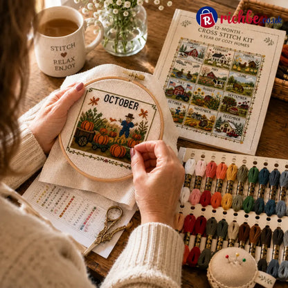 🧵 A Year in Stitches | 12-Month Seasonal Cross Stitch Kit 🌿