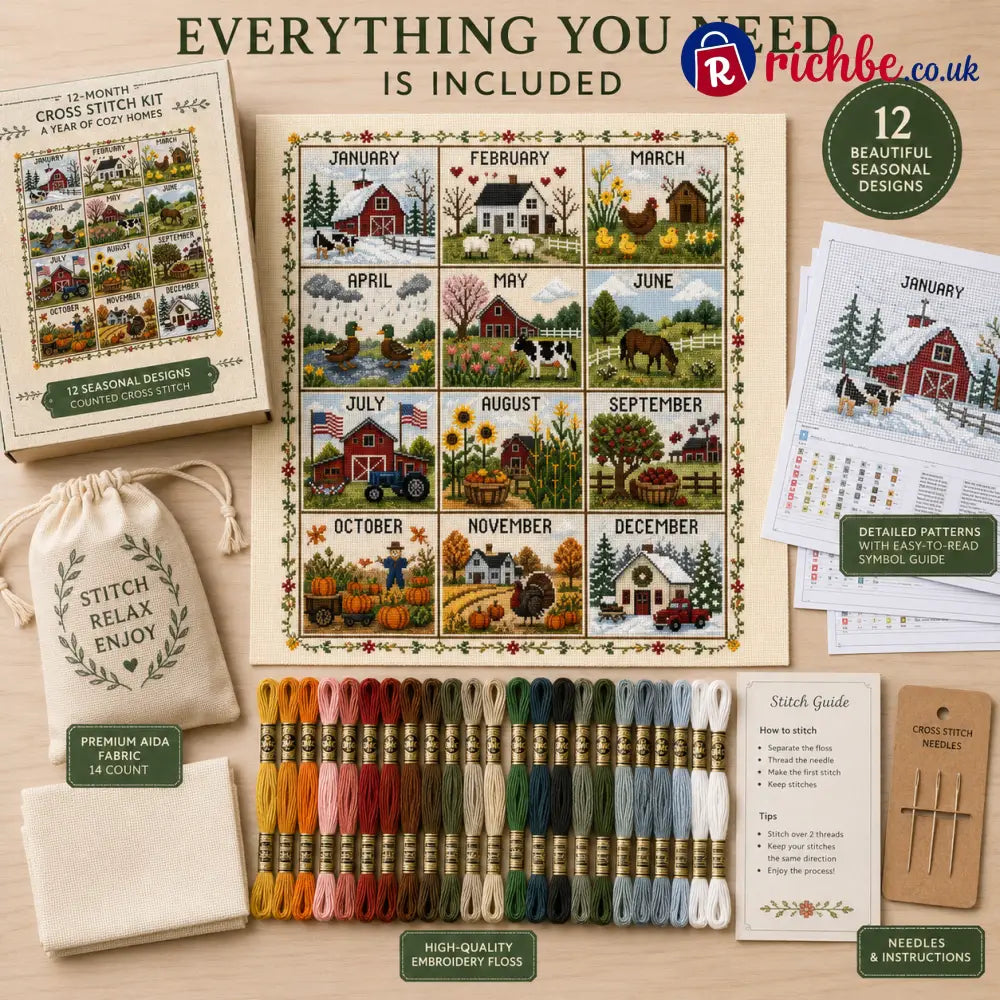 🧵 A Year in Stitches | 12-Month Seasonal Cross Stitch Kit 🌿