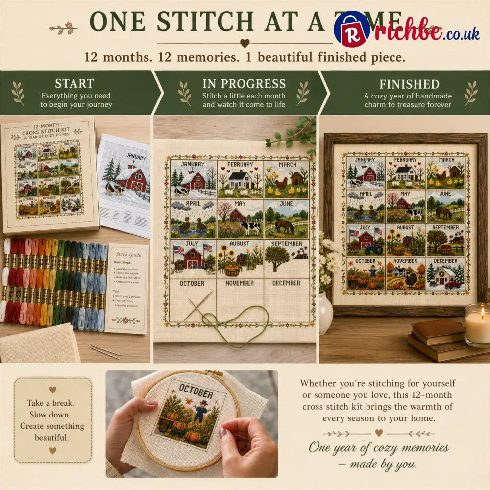 🧵 A Year in Stitches | 12-Month Seasonal Cross Stitch Kit 🌿