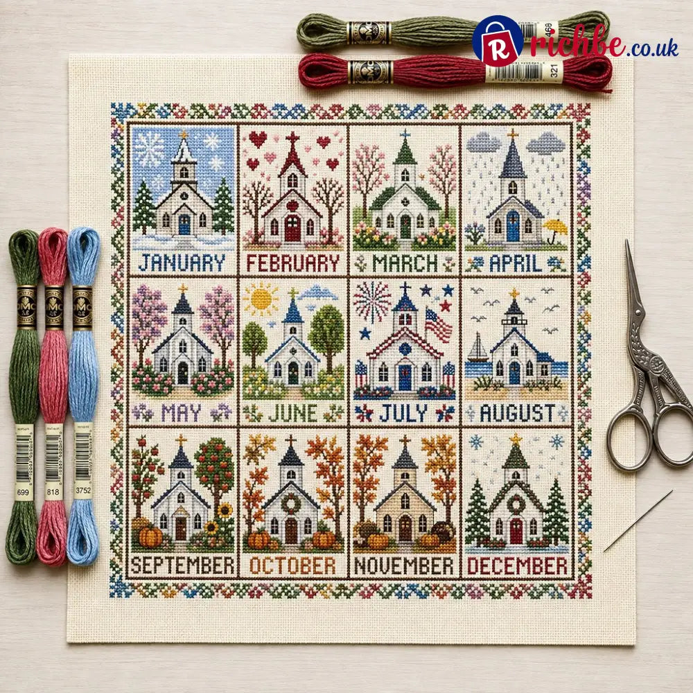 🧵 A Year in Stitches | 12-Month Seasonal Cross Stitch Kit 🌿 - ⛪ Chapel Seasons