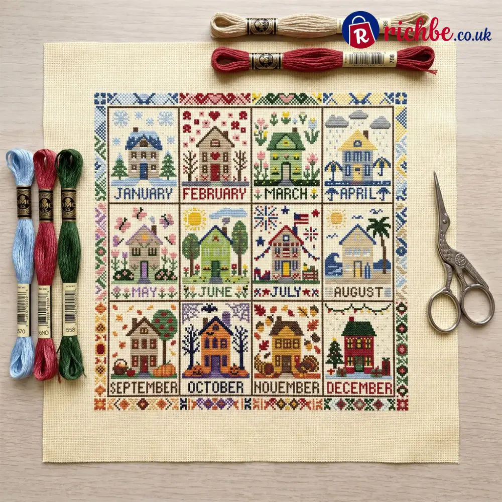 🧵 A Year in Stitches | 12-Month Seasonal Cross Stitch Kit 🌿 - 🏡 Cottage Seasons