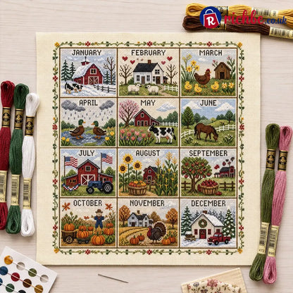 🧵 A Year in Stitches | 12-Month Seasonal Cross Stitch Kit 🌿 - 🌾 Farmhouse Seasons