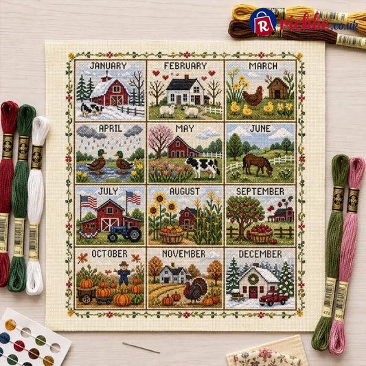 🧵 A Year in Stitches | 12-Month Seasonal Cross Stitch Kit 🌿 - 🌾 Farmhouse Seasons