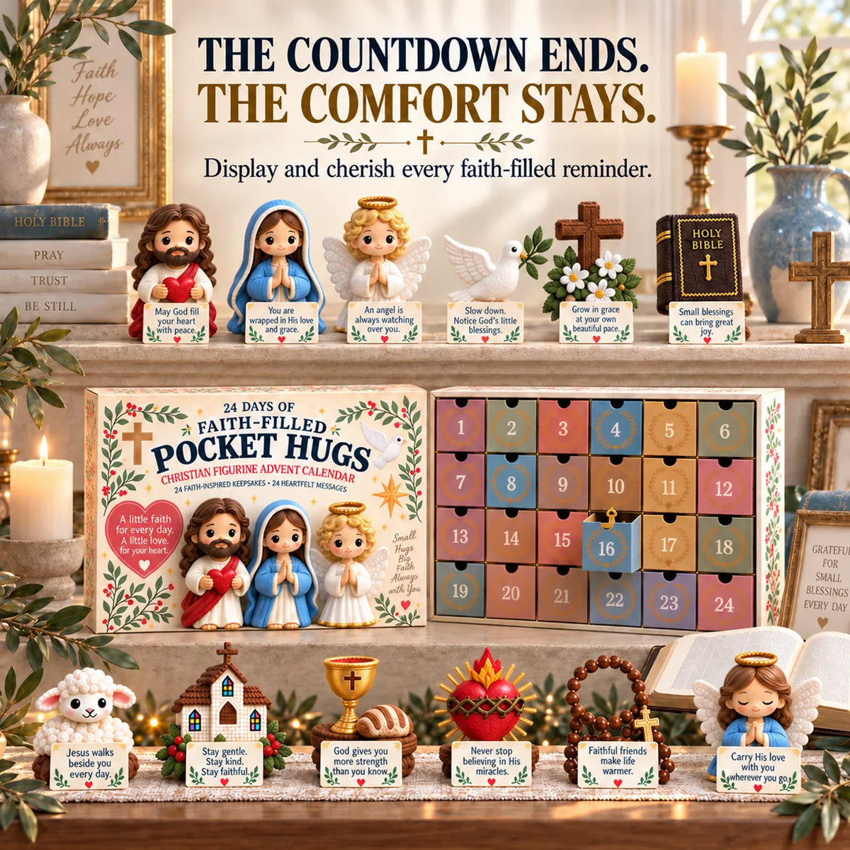 ✝️ 24 Days of Faith-Filled Advent Calendar | 24 Unique Hand-Painted Christian Keepsakes with Matching Encouragement Cards & No Repeated Designs 🎁