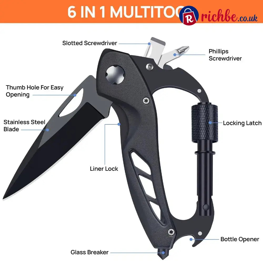 All-in-One Carabiner Multi Tool – Compact EDC Keychain with Knife & Screwdriver