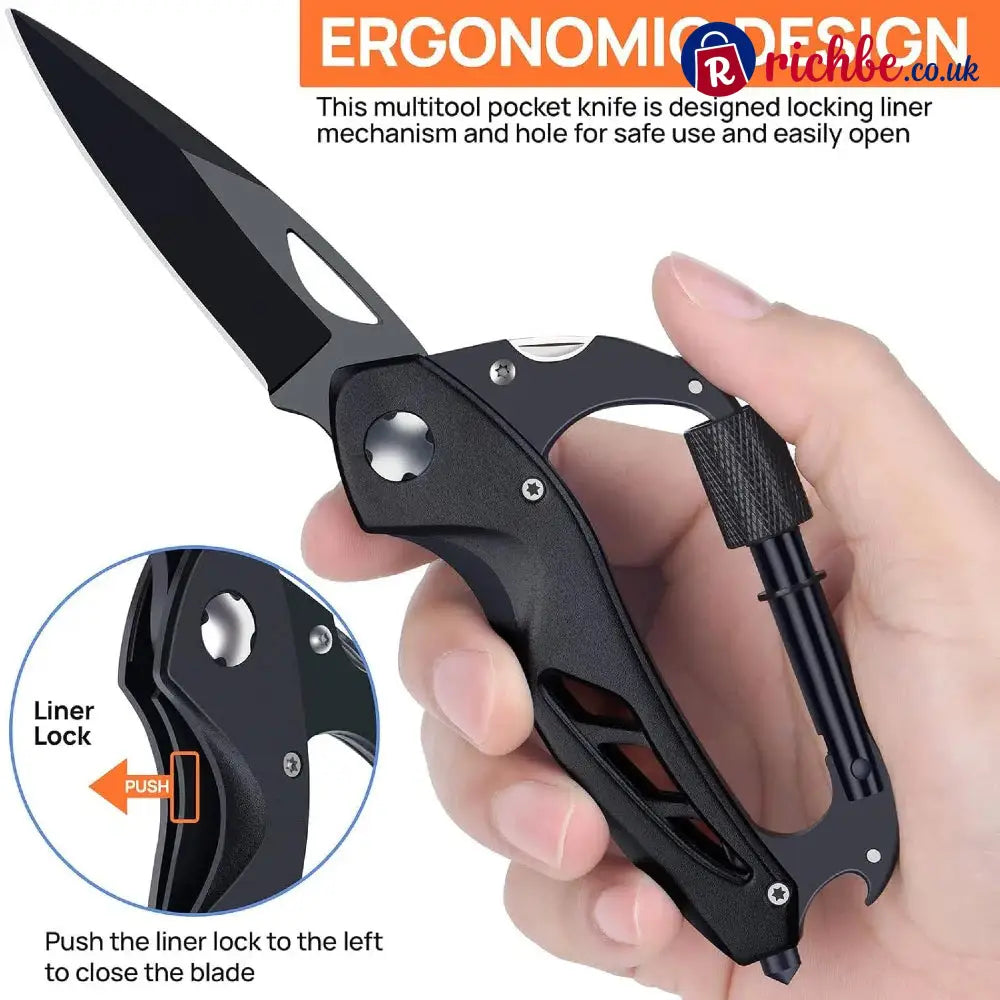 All-in-One Carabiner Multi Tool – Compact EDC Keychain with Knife & Screwdriver