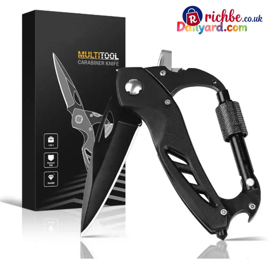 All-in-One Carabiner Multi Tool – Compact EDC Keychain with Knife & Screwdriver - Black