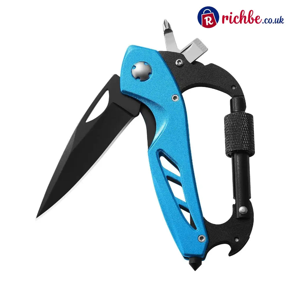 All-in-One Carabiner Multi Tool – Compact EDC Keychain with Knife & Screwdriver - Blue