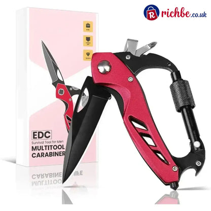 All-in-One Carabiner Multi Tool – Compact EDC Keychain with Knife & Screwdriver - Red