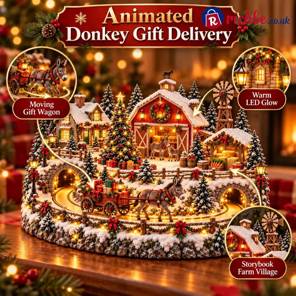 Animated Christmas Donkey Village | Moving Gift Wagon Holiday Display
