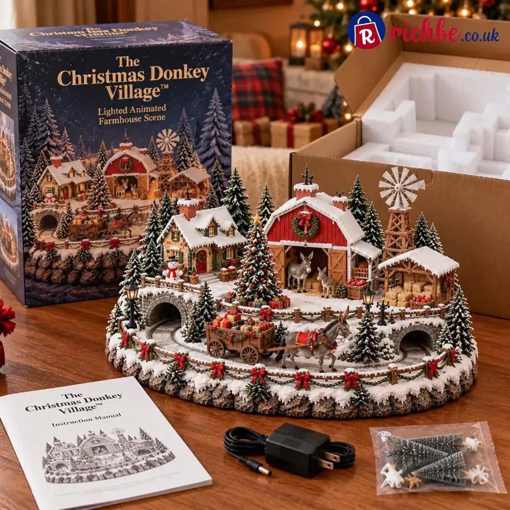 Animated Christmas Donkey Village | Moving Gift Wagon Holiday Display
