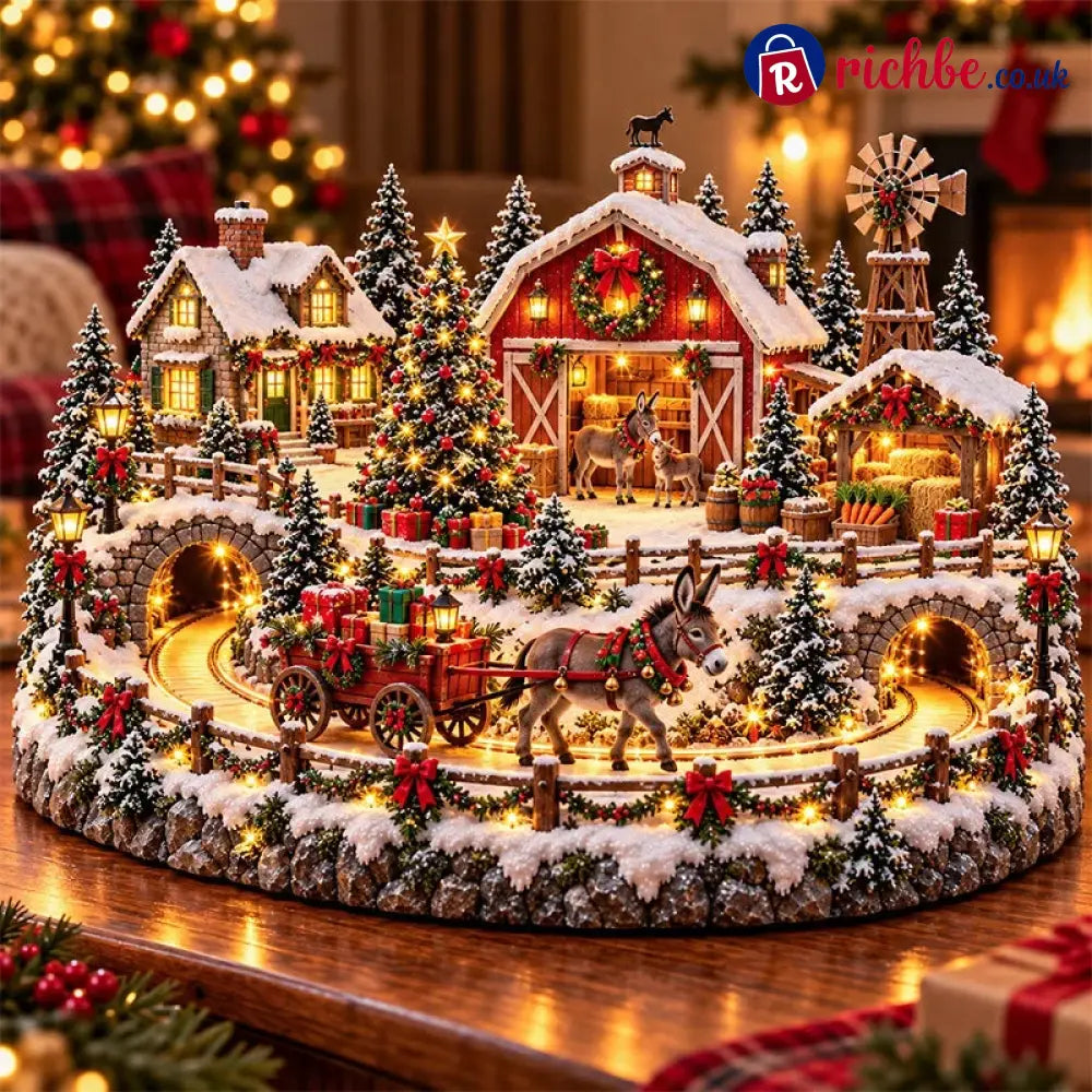 Animated Christmas Donkey Village | Moving Gift Wagon Holiday Display