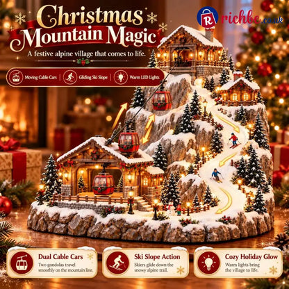 Animated Christmas Mountain Cable Car & Ski Village Scene ✨