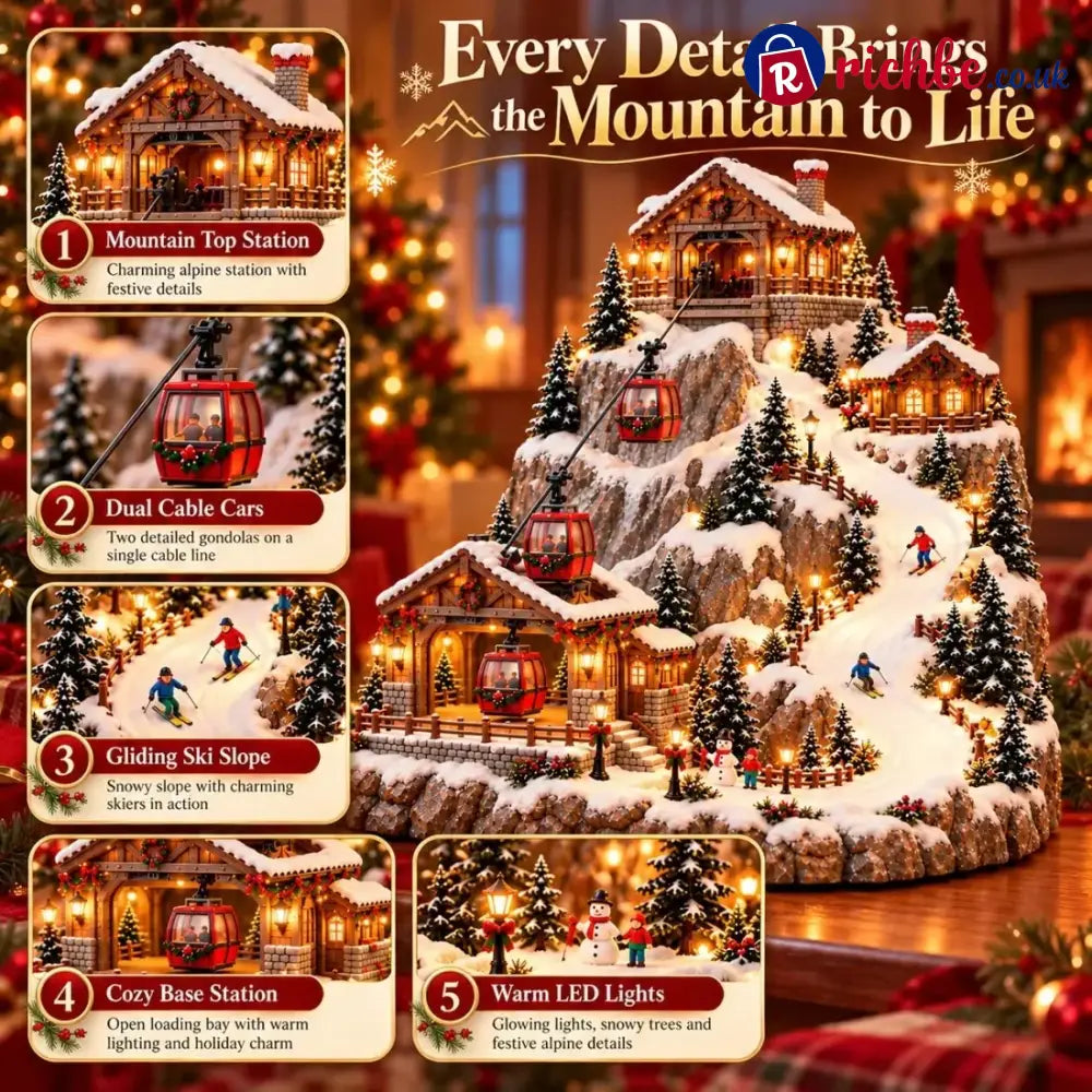Animated Christmas Mountain Cable Car & Ski Village Scene ✨