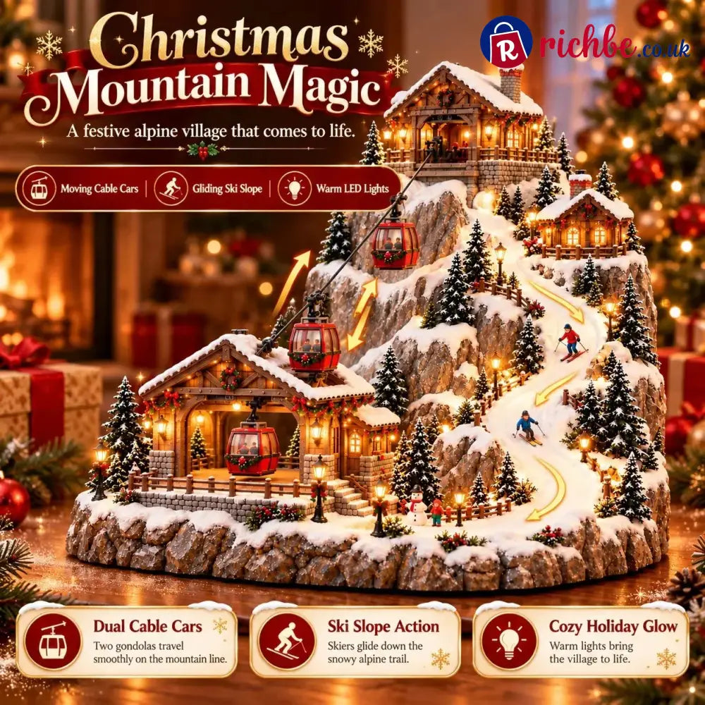 Animated Christmas Mountain Cable Car & Ski Village Scene ✨
