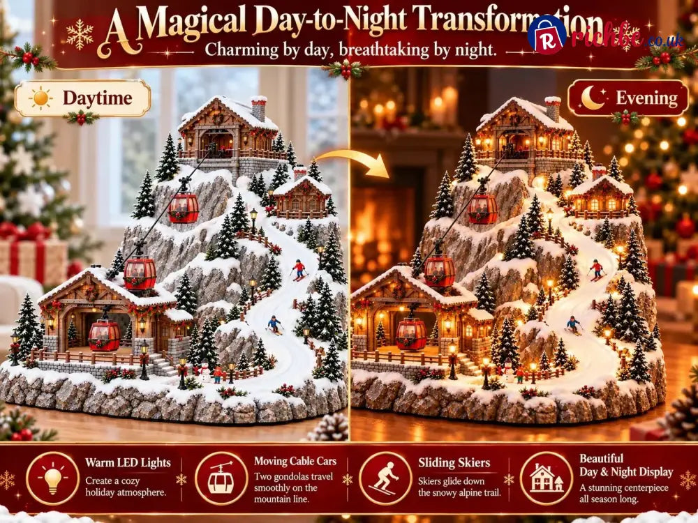 Animated Christmas Mountain Cable Car & Ski Village Scene ✨