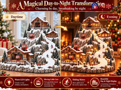 Animated Christmas Mountain Cable Car & Ski Village Scene ✨