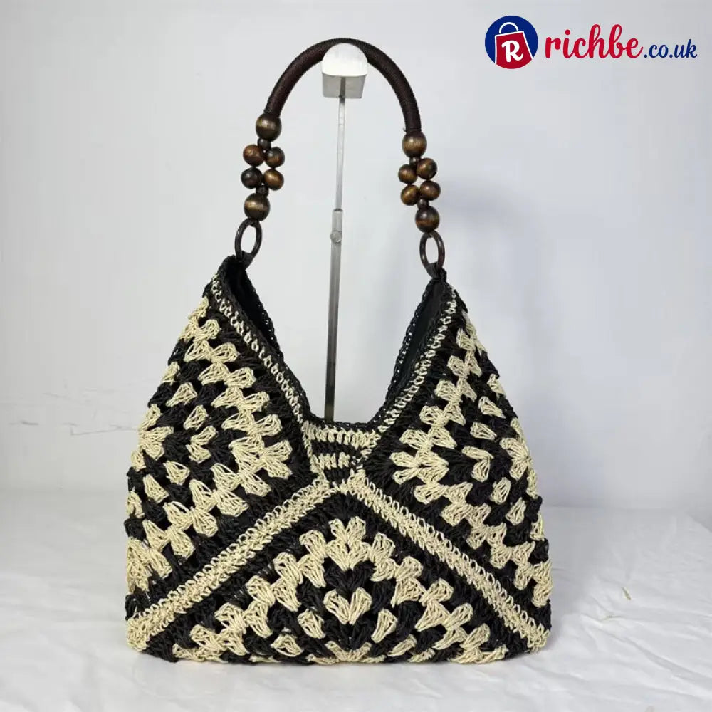 🏝️Artisanal Woven Tote with Inner Lining - Black & Beige - Clothing & Accessories